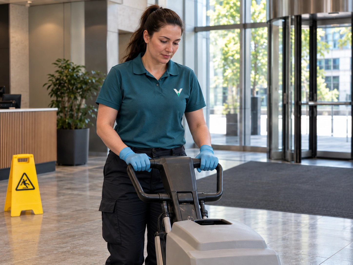 Cleaner operating a walk-behind scrubber in a commercial lobby.