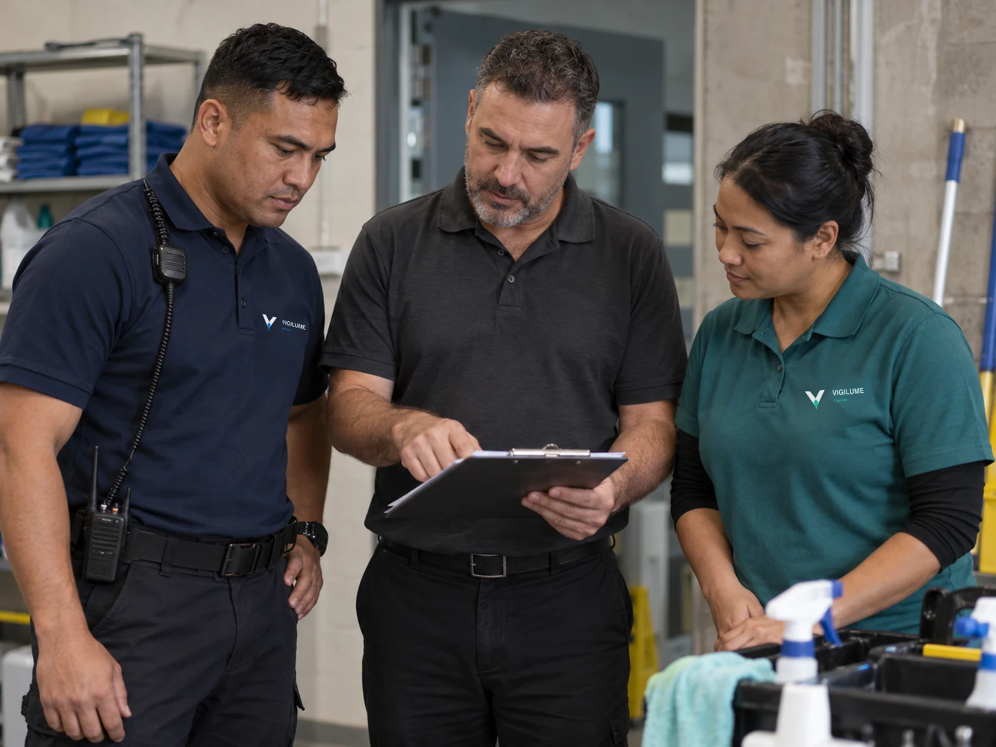 Security and cleaning personnel reviewing a clipboard with a supervisor.